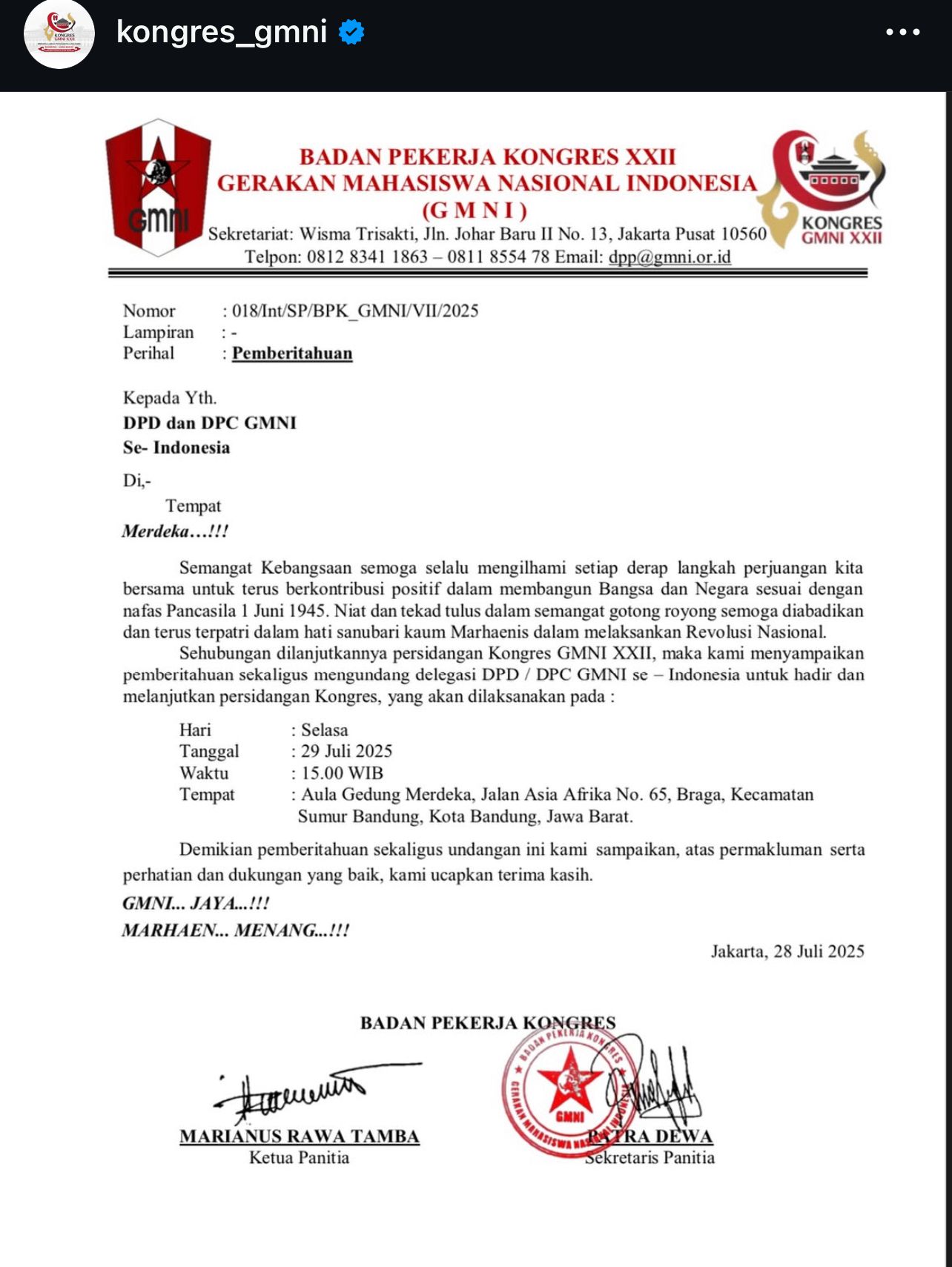 Setelah Sempat Ditunda, Kongres GMNI XXII di Bandung Akhirnya Dilanjutkan